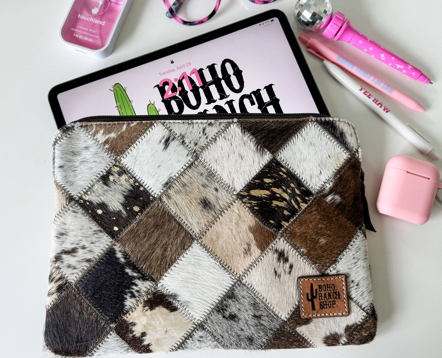 Cowhide Laptop Sleeve LARGE - PINK/SILVER