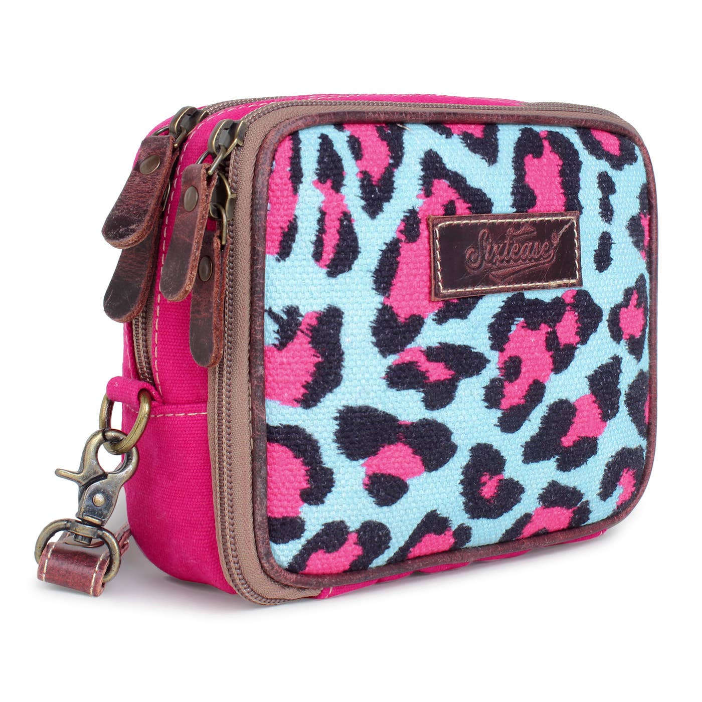 Pink Leopard Up-cycled Canvas & Genuine Leather Wristlet