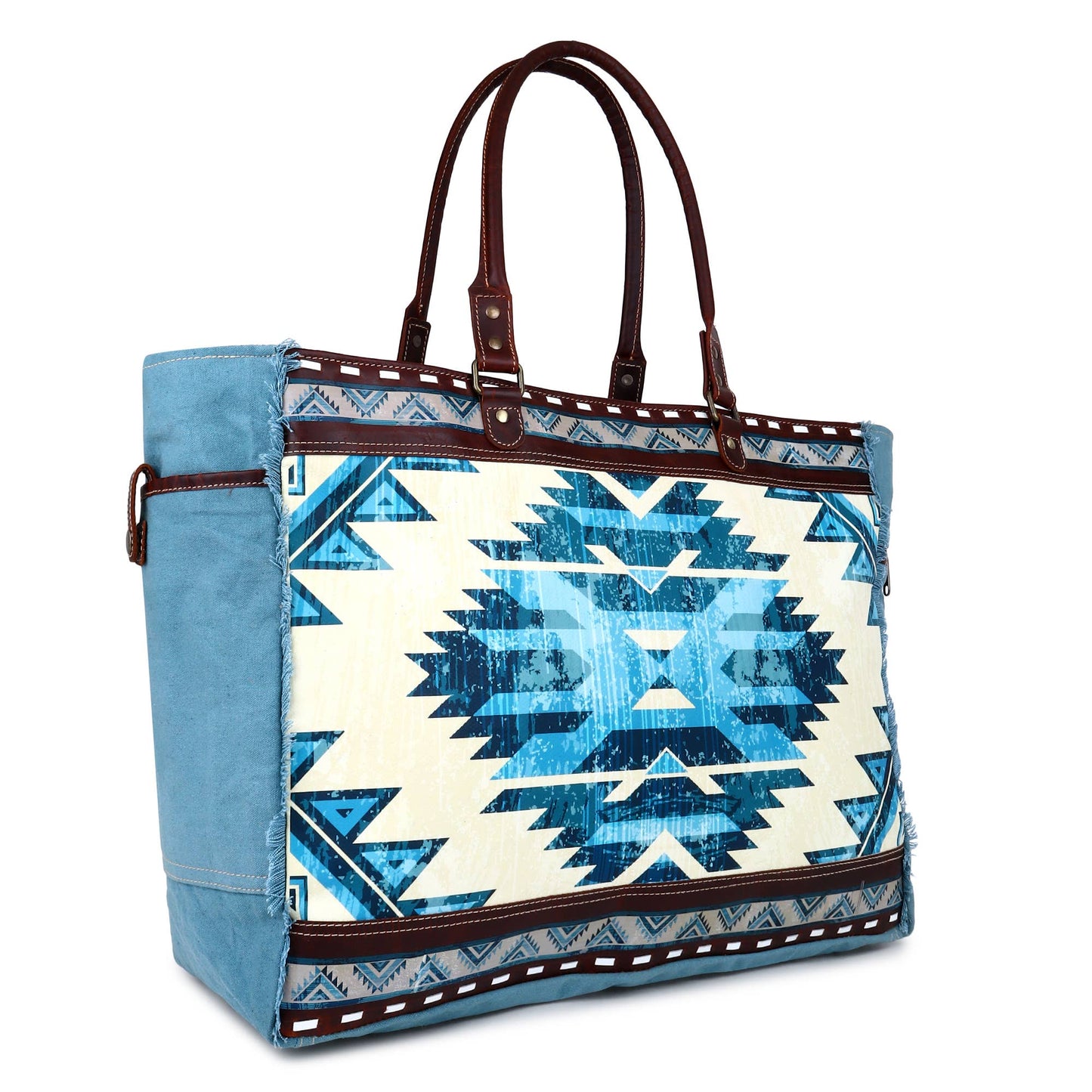 Blue Aztec Up-cycled Canvas & Genuine Leather Weekender Bag