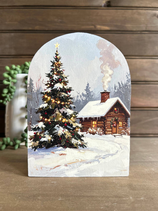 Christmas Cabin Wood Arch Shelf Sitter