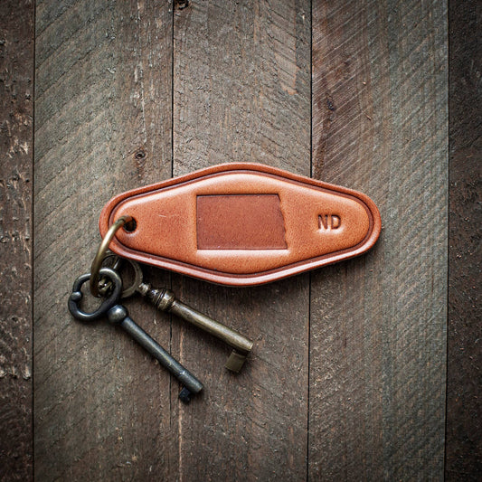 North Dakota State Silhouette Leather Keychain Motel Style
