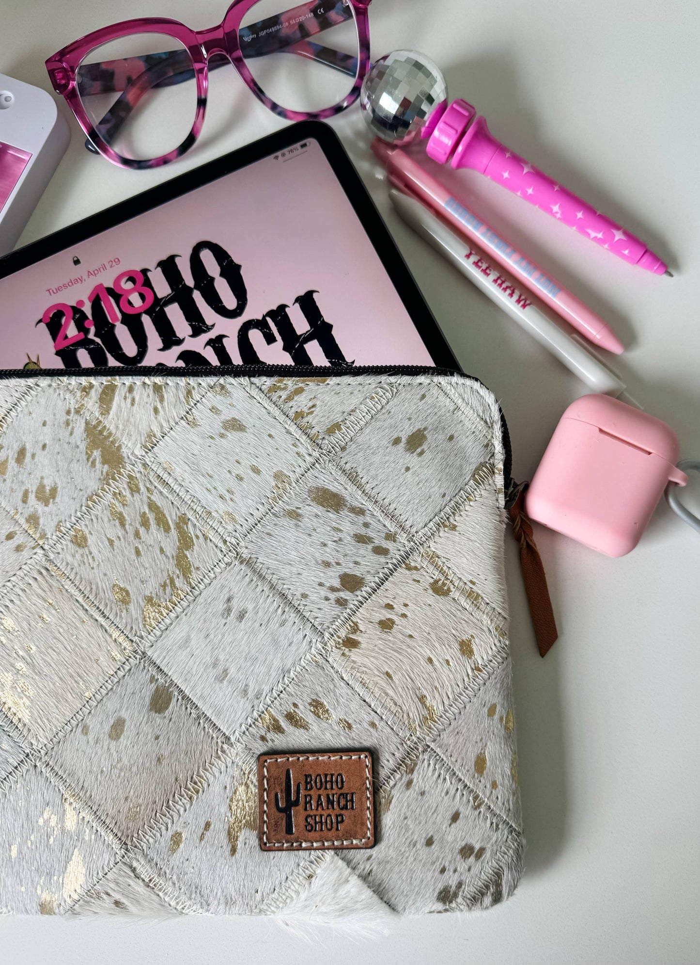 Cowhide Laptop Sleeve LARGE - PINK/SILVER