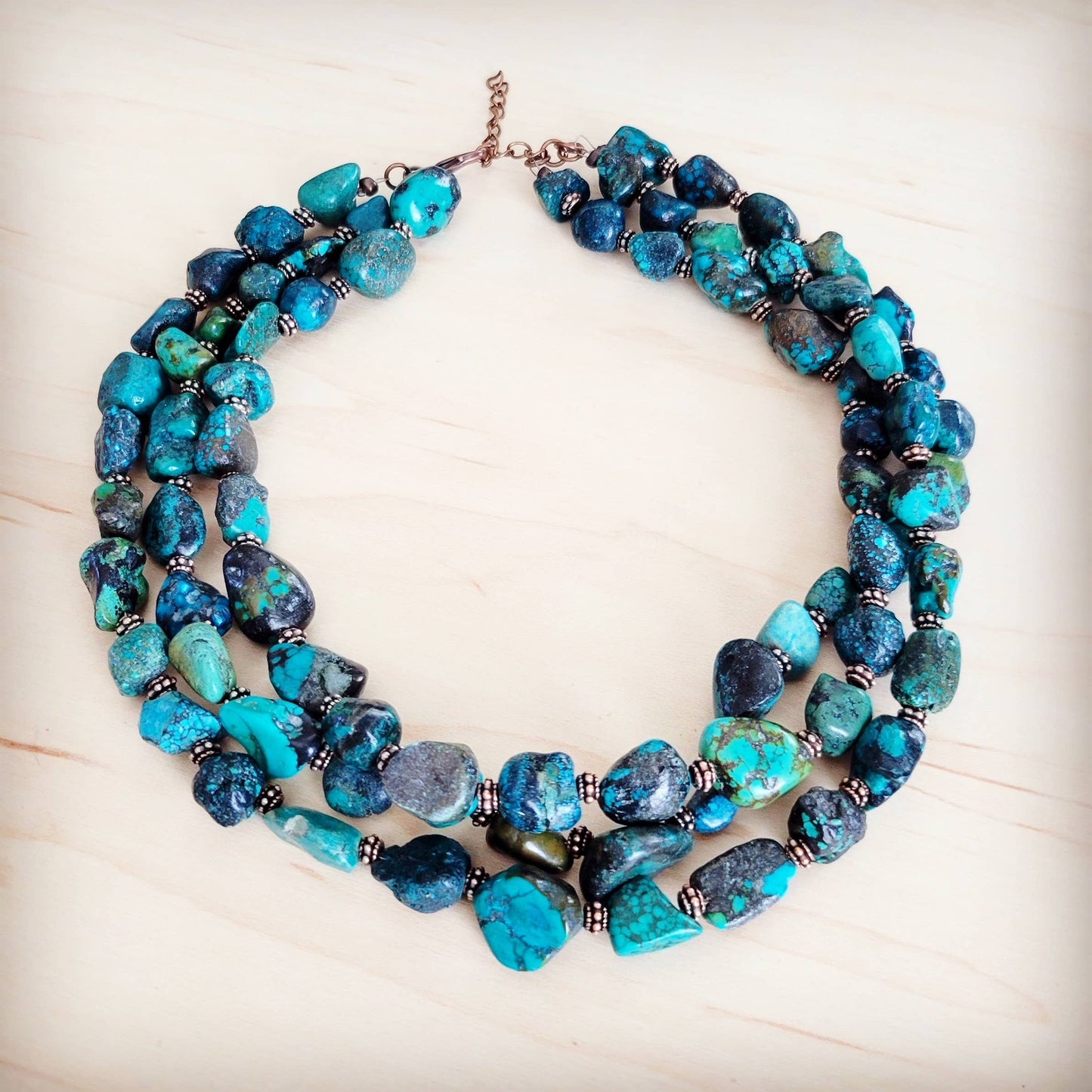 Large Triple Strand Natural Turquoise & Copper Collar Necklace 252y
