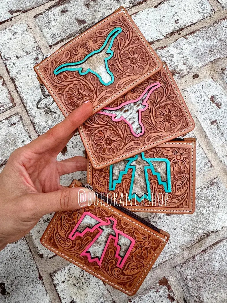Tan w/Turquoise/Pink Longhorn/Thunderbird Keychain Wallet