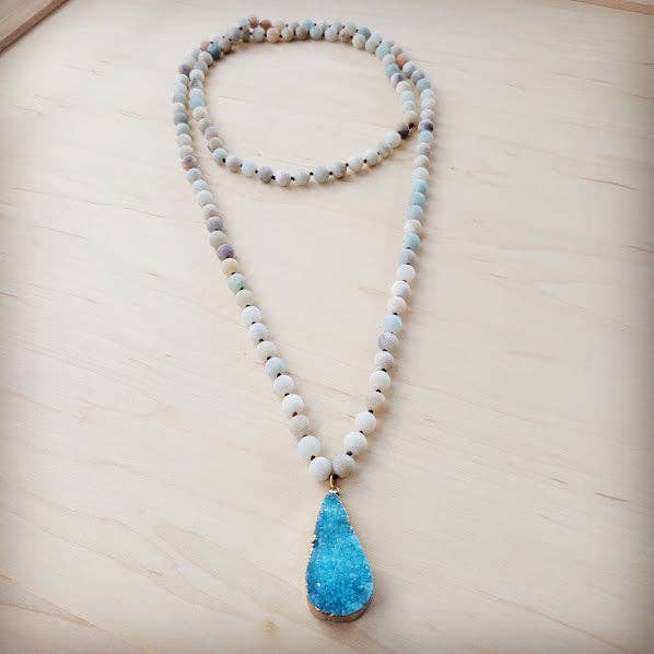 Frosted Amazonite Long Beaded Necklace with Agate Pendant 260o: 260o Agate