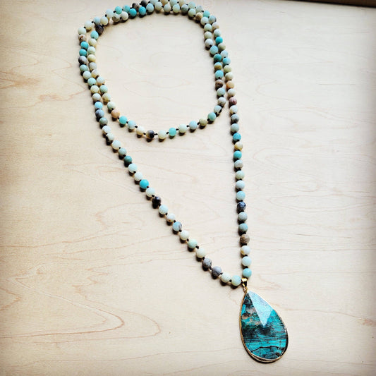 Frosted Amazonite Long Beaded Necklace with Agate Pendant 260o: 260o Agate