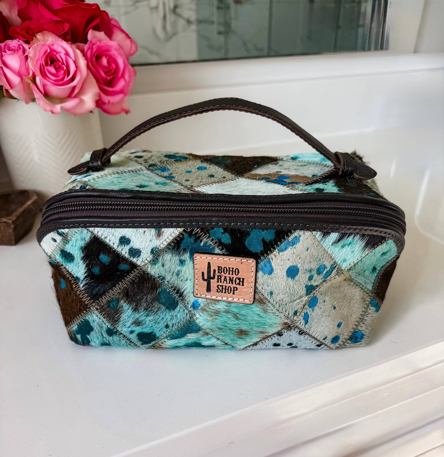 Ella Cowhide Leather Cosmetic Bag - Diagonal Opening