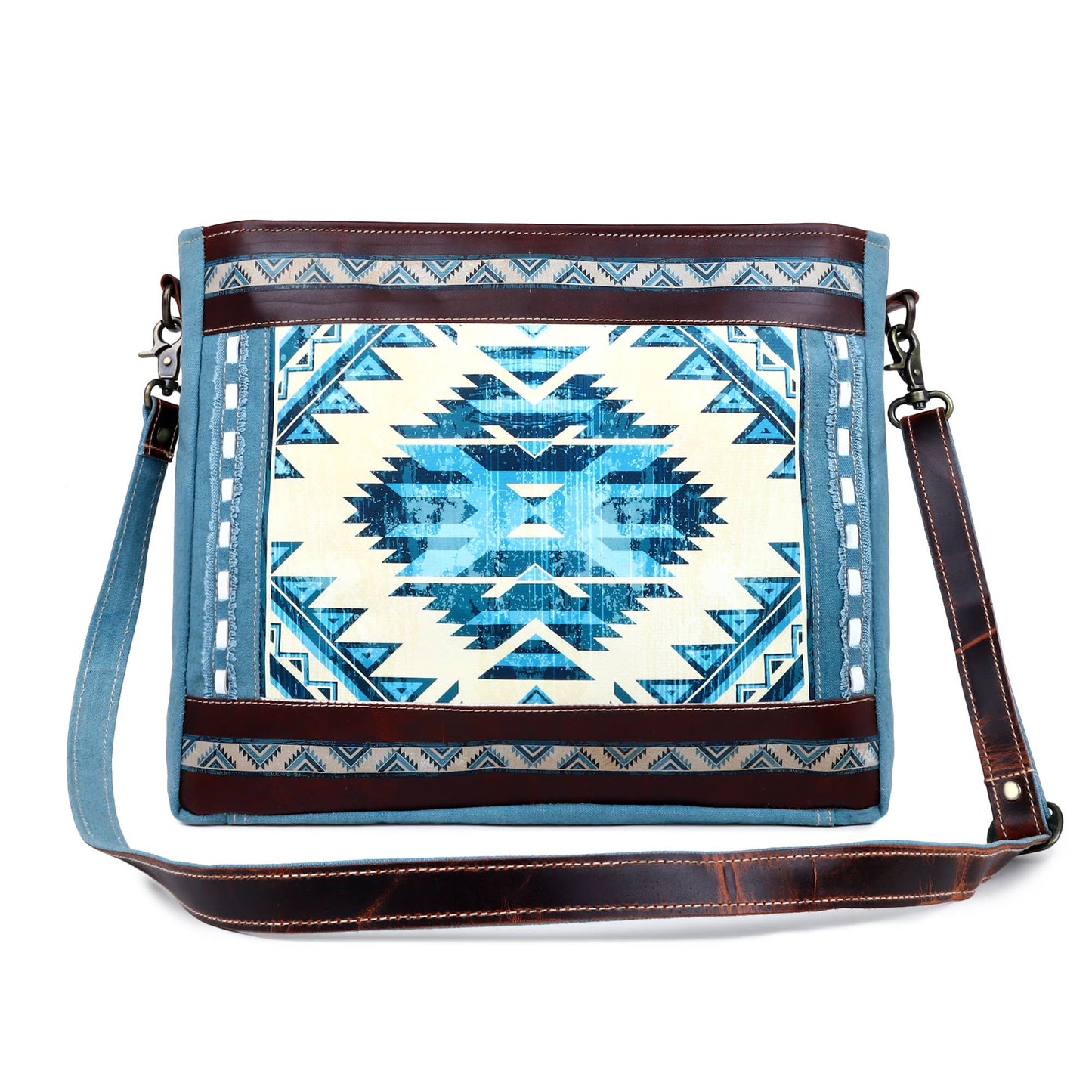 Blue Aztec Up-cycled Canvas & Genuine Leather Purse