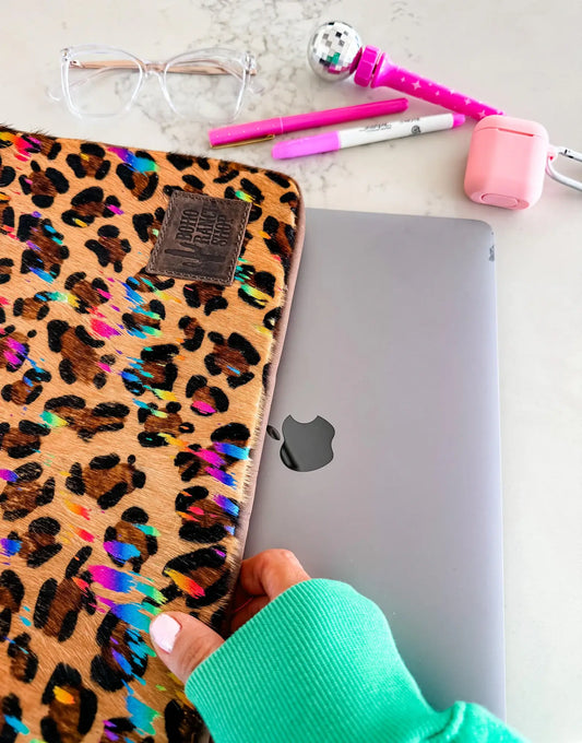 Cowhide Laptop Sleeve - Leather Back: LEOPARD + RAINBOW