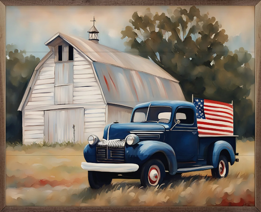 American Blue Truck With Barn image 0