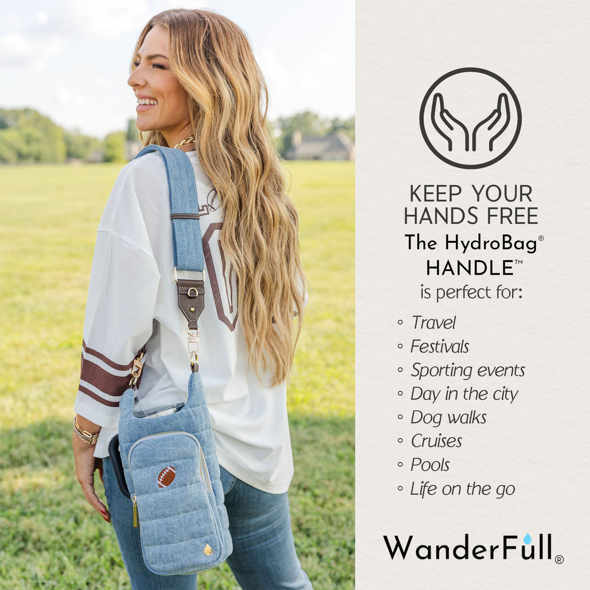 HydroBag® HANDLE®- Football Embroidery on Denim with Gold Hardware