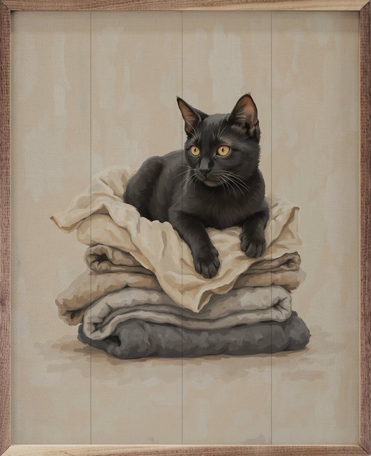 Black Cat On Folded Laundry