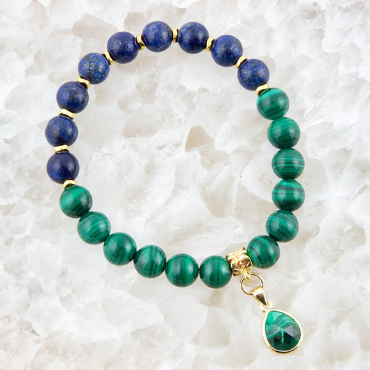 Dreamy Blue Lapis Green Malachite Charm  Golden Bracelet