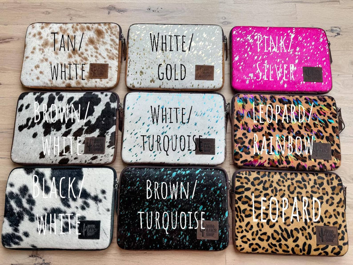 Cowhide Laptop Sleeve - Leather Back: LEOPARD + RAINBOW