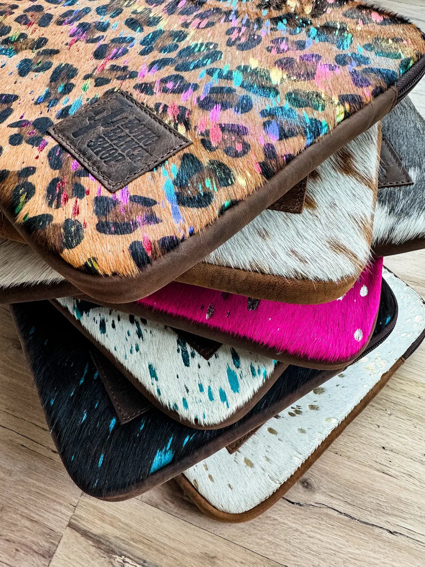 Cowhide Laptop Sleeve - Leather Back: LEOPARD + RAINBOW