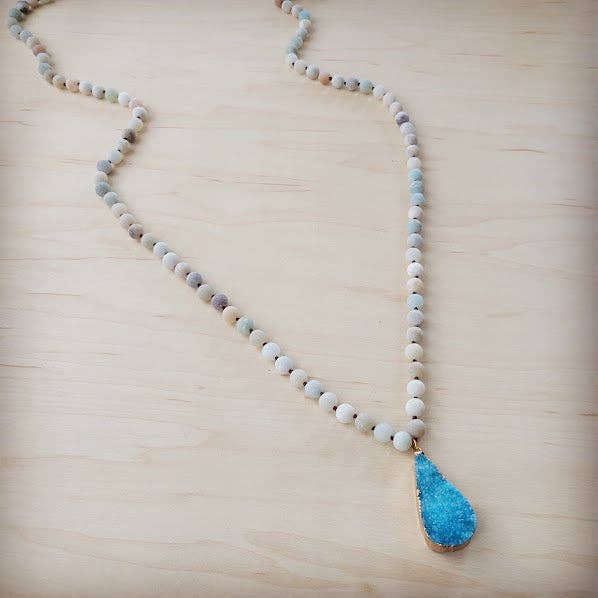 Frosted Amazonite Long Beaded Necklace with Agate Pendant 260o: 260o Agate