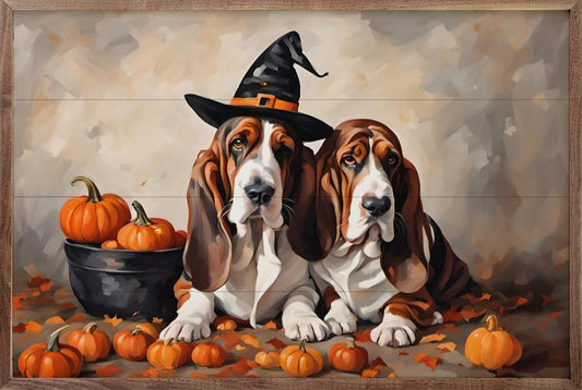 Two Bassets With Pumpkins image 0
