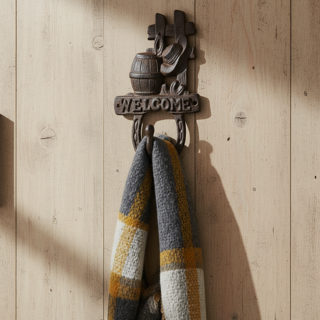 Welcome Barrel Wall Hook, Cast Iron for Coats, Keys or Hats, 7.9"