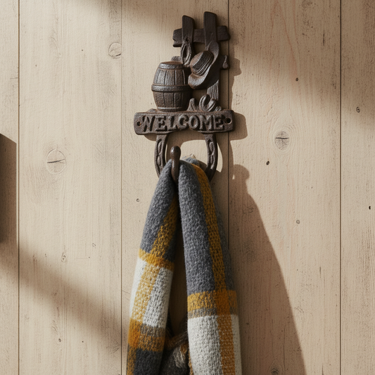 Welcome Barrel Wall Hook, Cast Iron for Coats, Keys or Hats, 7.9"