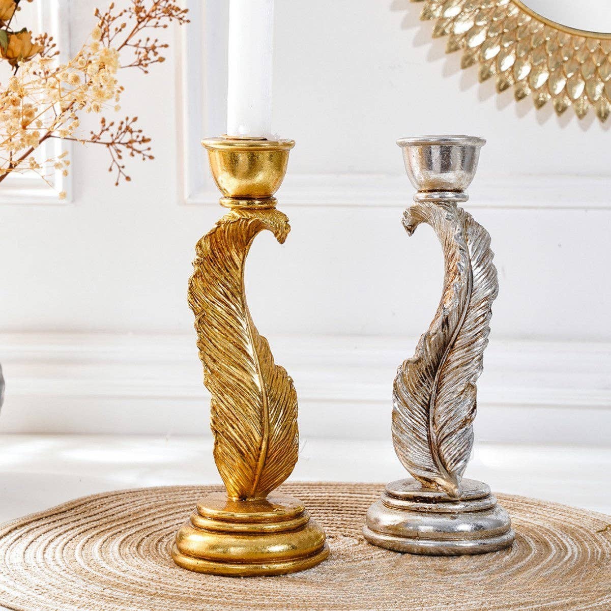 Decorative Feather Candle Holder: Silver Finish