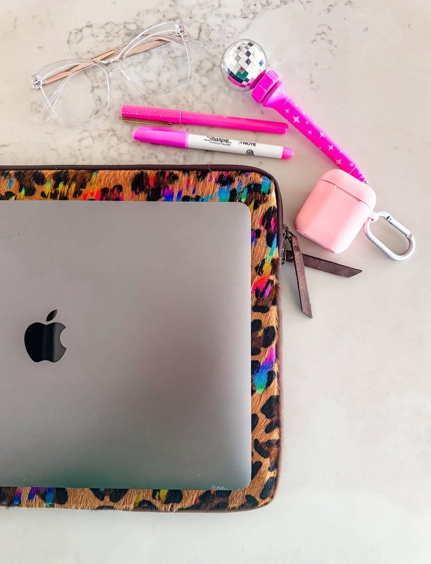 Cowhide Laptop Sleeve - Leather Back: LEOPARD + RAINBOW