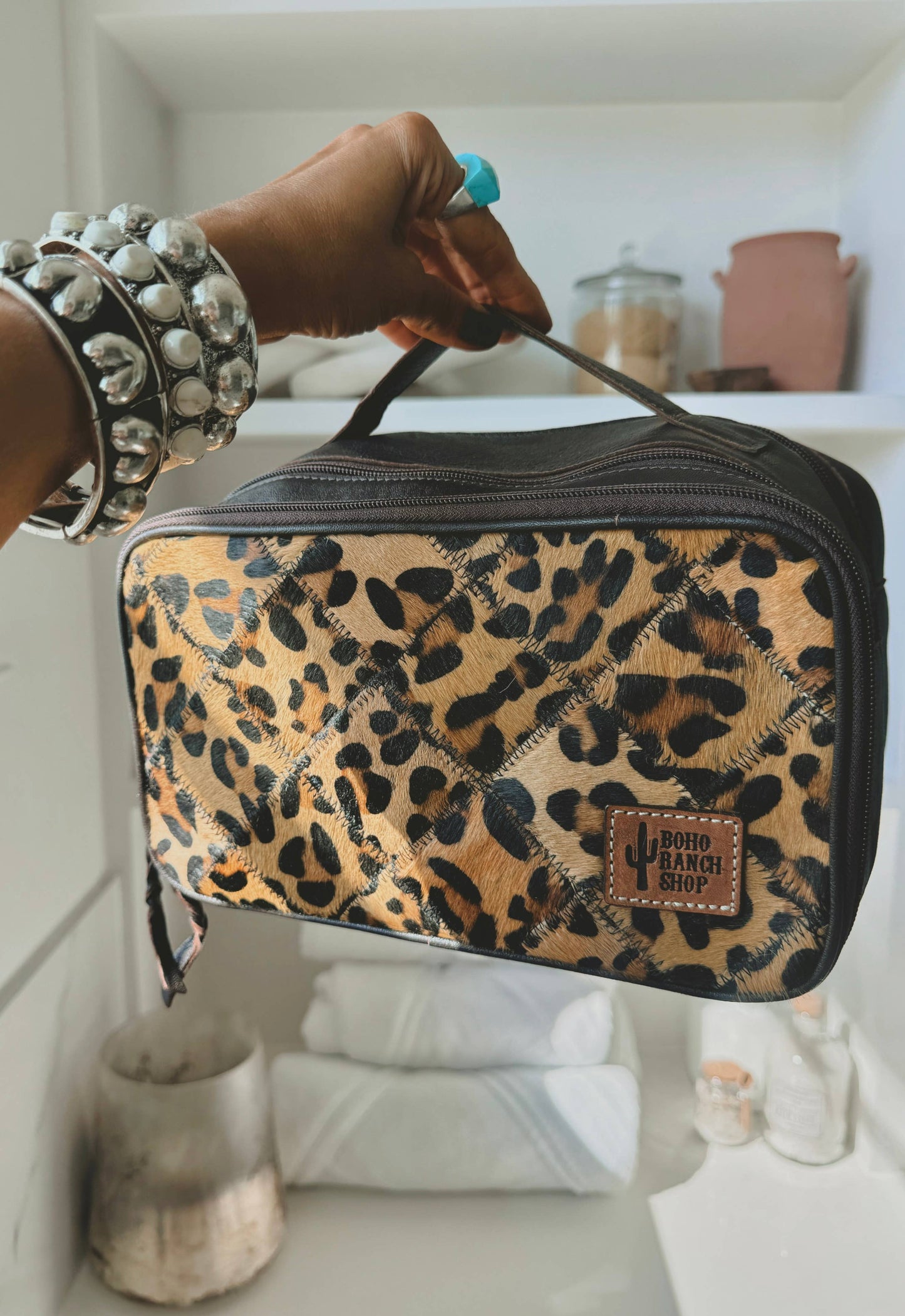 Genuine Leather Cowhide Cosmetic Travel Bag