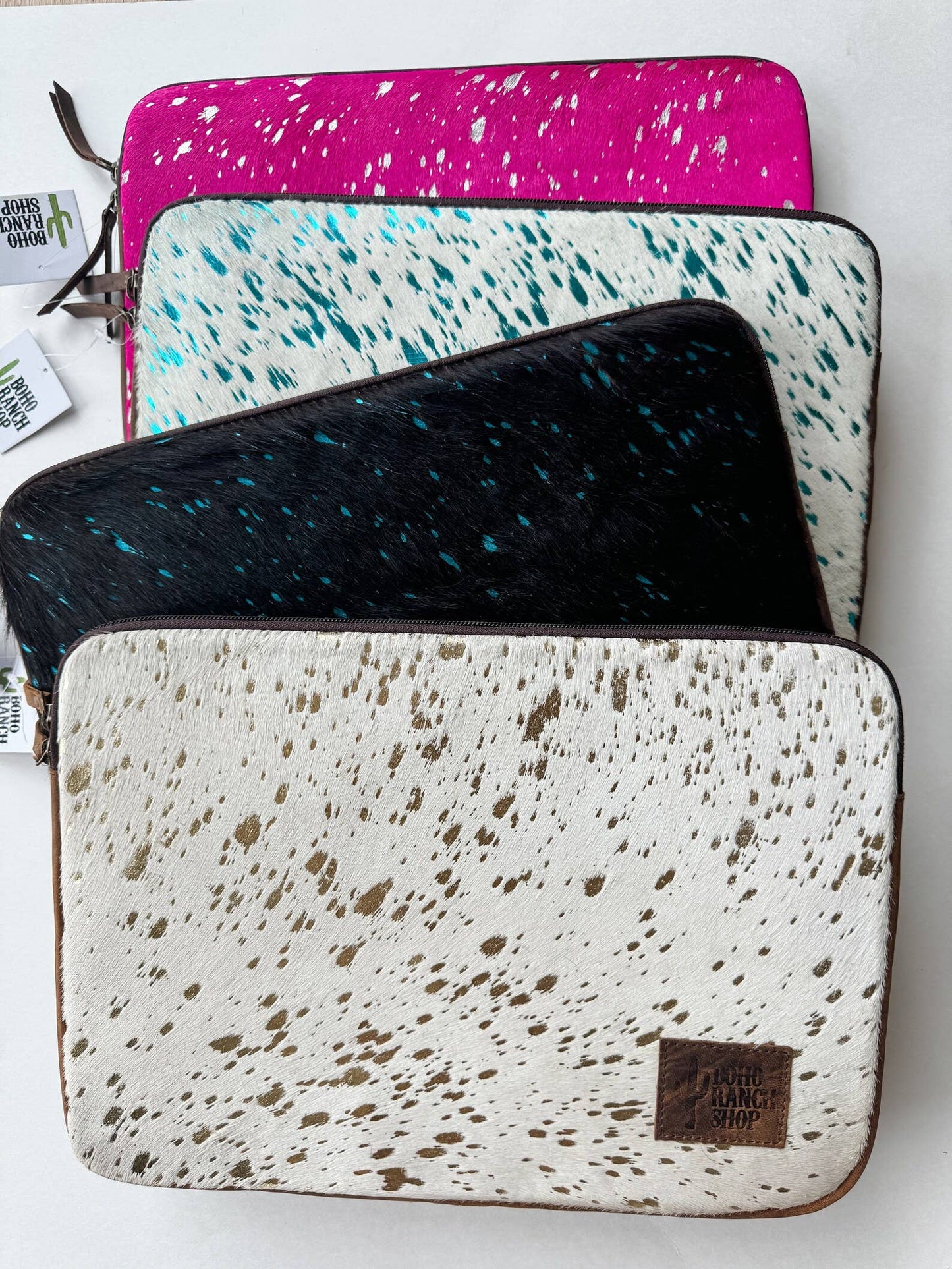 Cowhide Laptop Sleeve - Leather Back: LEOPARD + RAINBOW