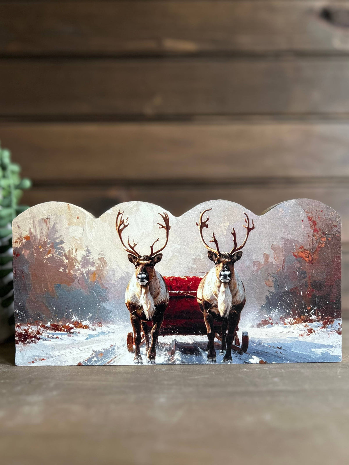 Reindeer Christmas Scalloped Wood Sign