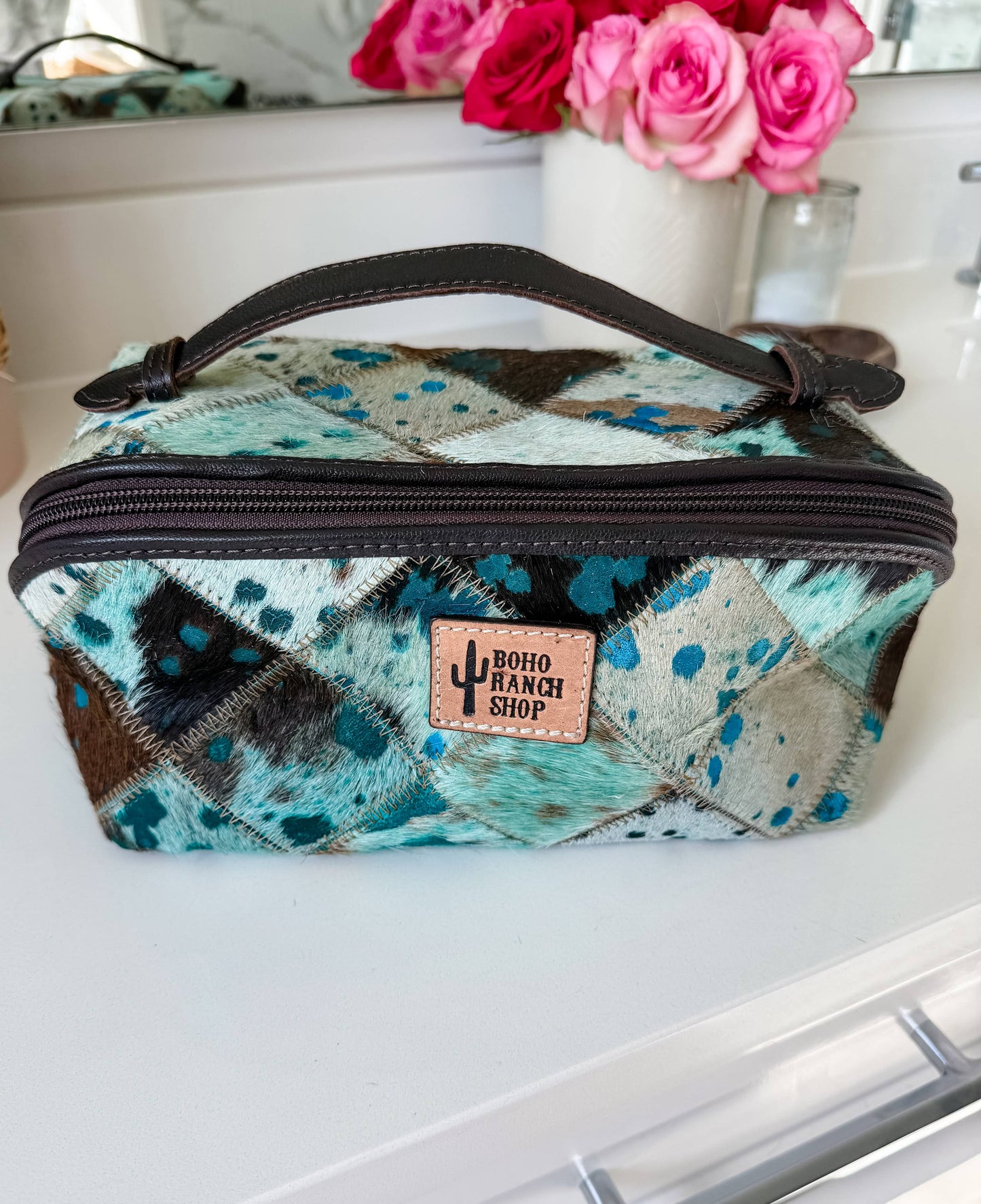 Ella Cowhide Leather Cosmetic Bag - Diagonal Opening