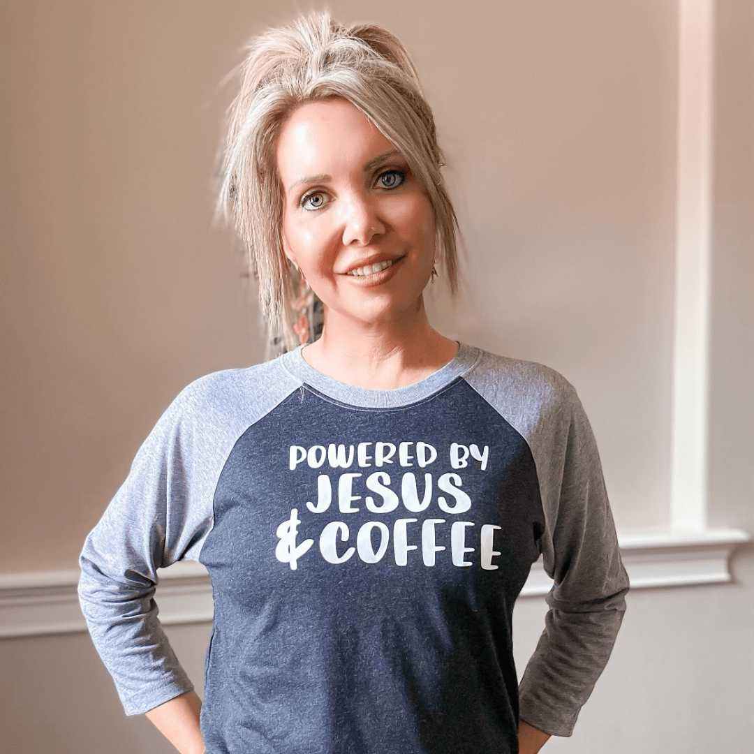 Powered by Jesus and Coffee Raglan