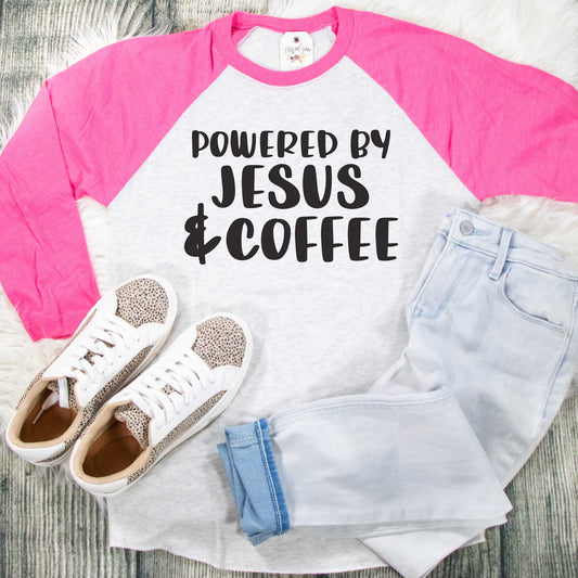 Powered by Jesus and Coffee Raglan