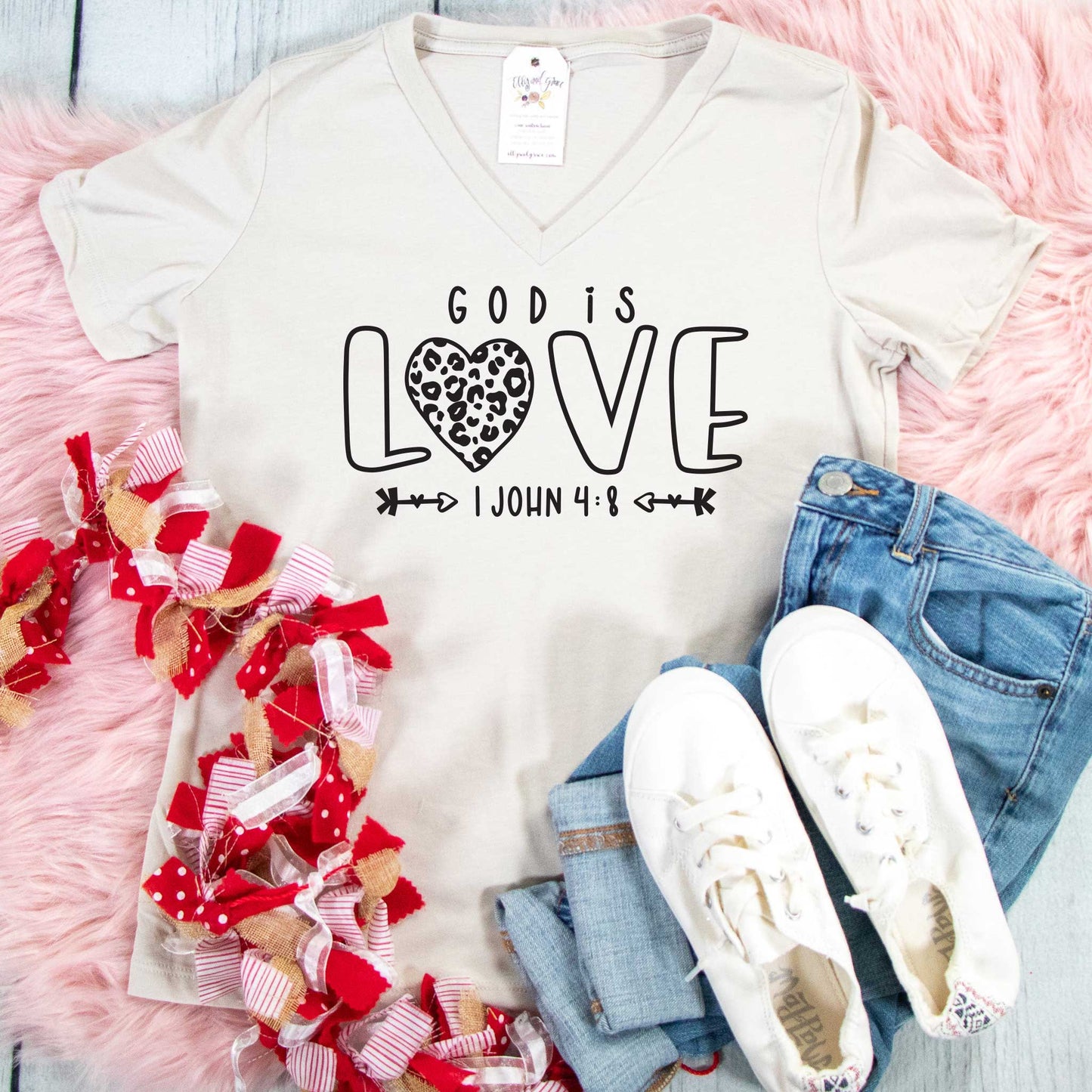 God is Love Leopard Heart Relaxed Ladies Vneck