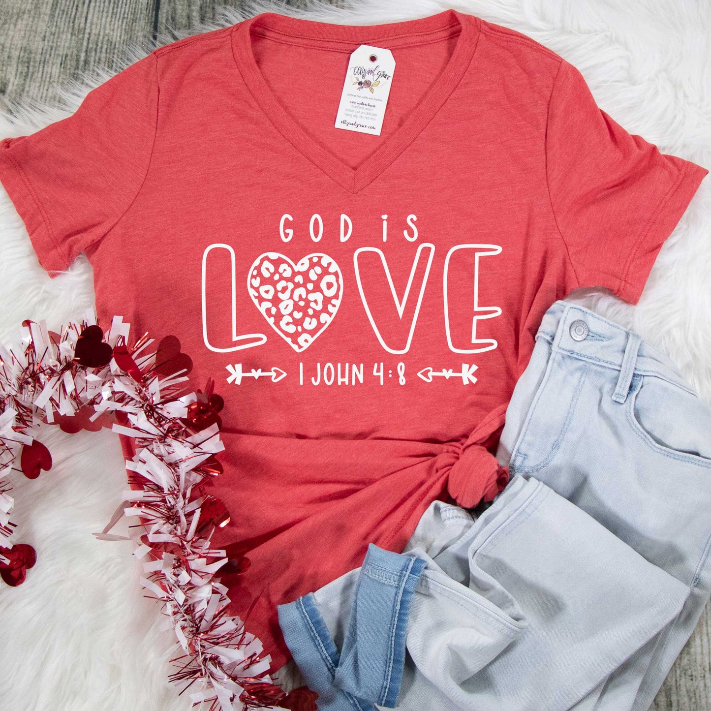 God is Love Leopard Heart Relaxed Ladies Vneck