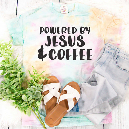 Powered by Jesus and Coffee Tie Dye Unisex Shirt