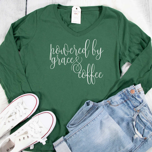 Powered by Grace and Coffee Longsleeve V-Neck