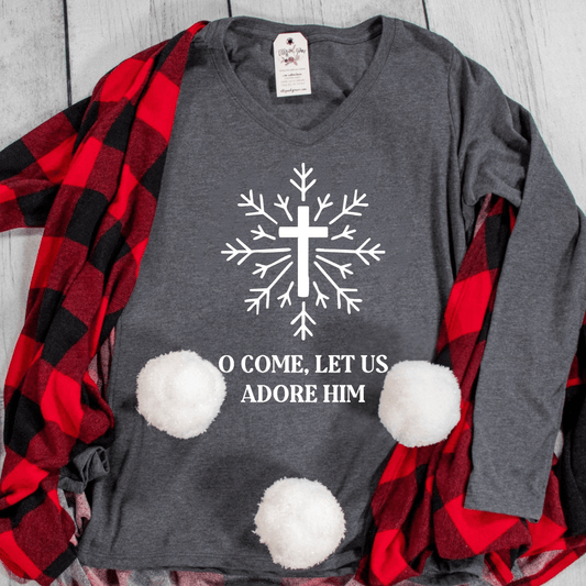 Snowflake O Come Let Us Adore Him Longsleeve V-Neck