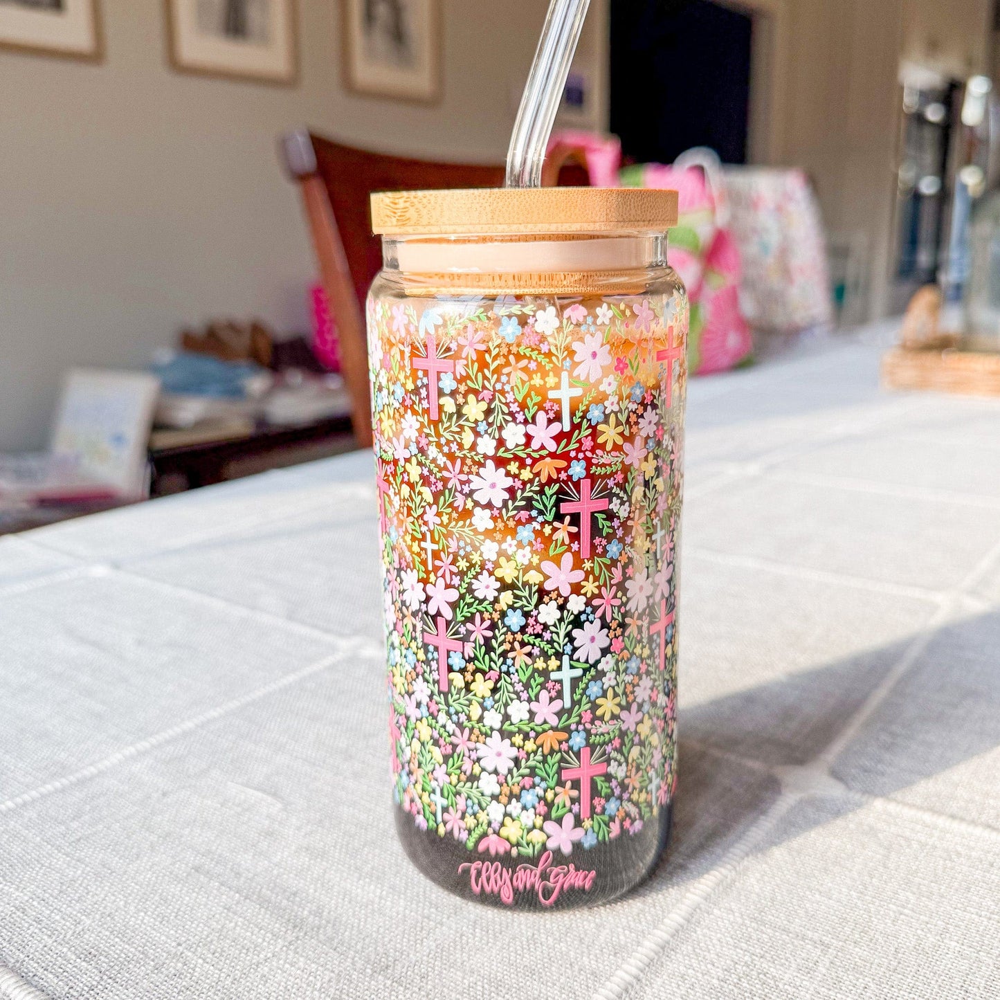 Floral Cross Inspirational Glass Tumbler