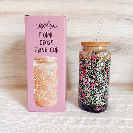 Floral Cross Inspirational Glass Tumbler