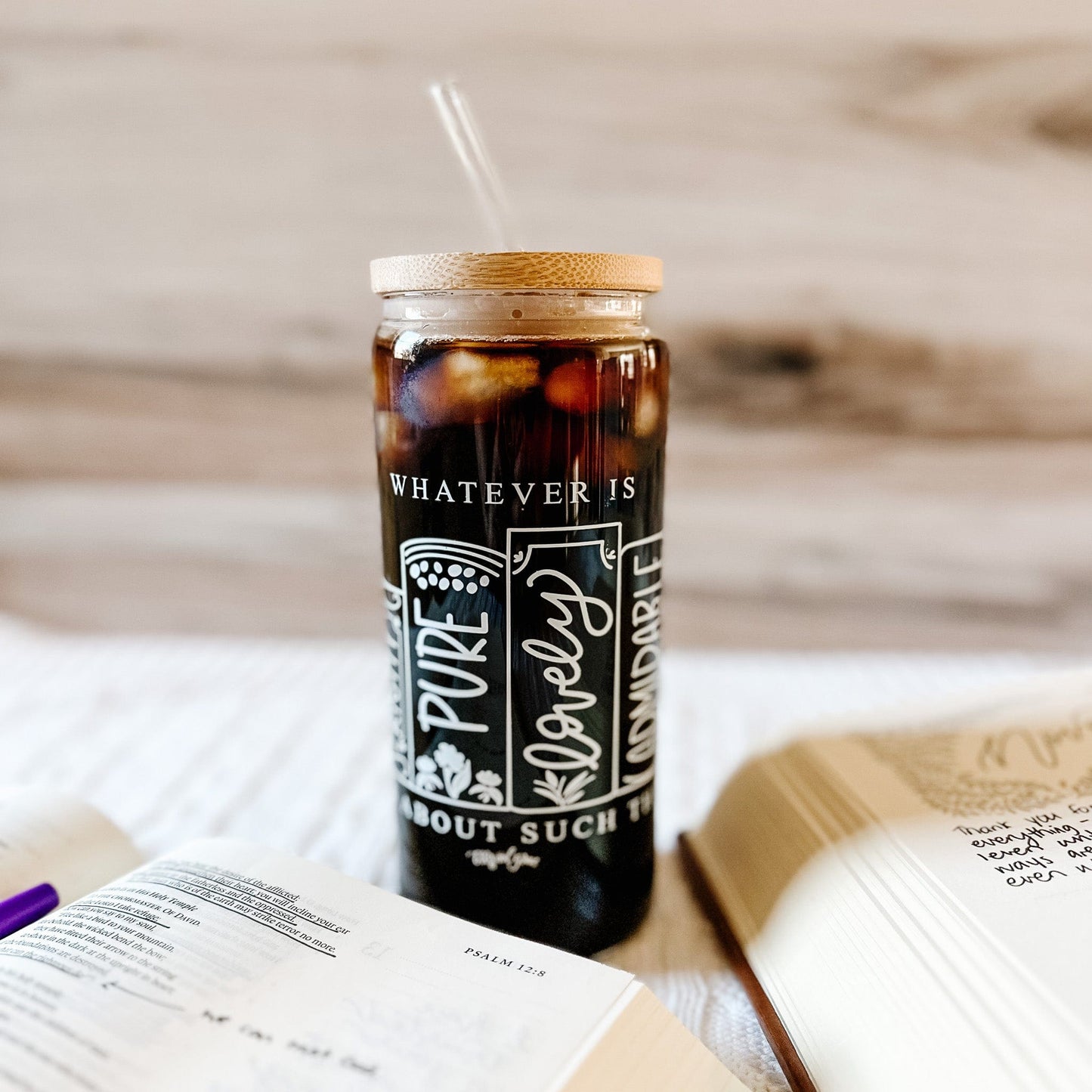 Philippians 4:8 Inspirational Glass Tumbler