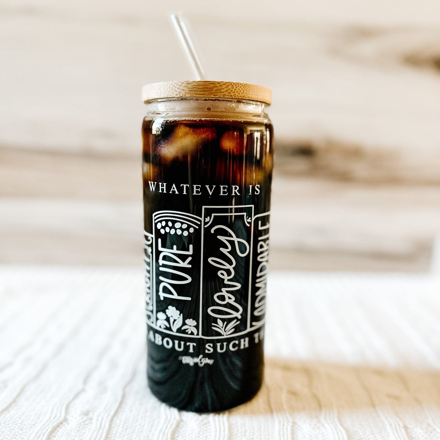 Philippians 4:8 Inspirational Glass Tumbler