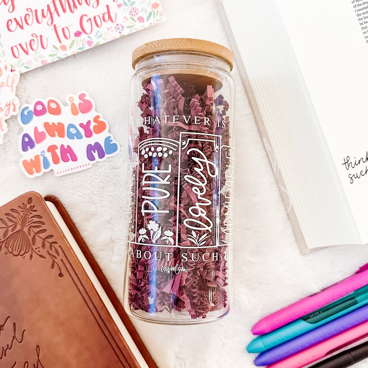 Philippians 4:8 Inspirational Glass Tumbler