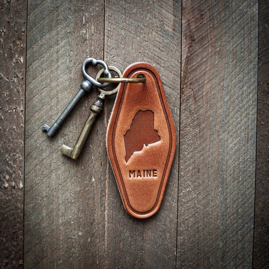 Maine State Silhouette Leather Keychain Motel Style