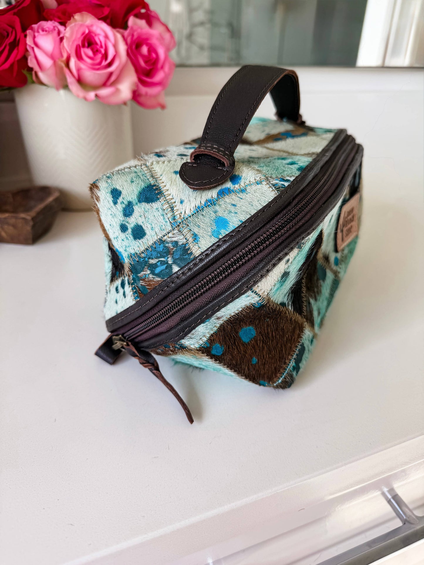 Ella Cowhide Leather Cosmetic Bag - Diagonal Opening