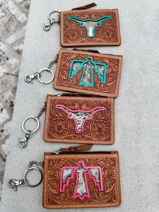 Tan w/Turquoise/Pink Longhorn/Thunderbird Keychain Wallet