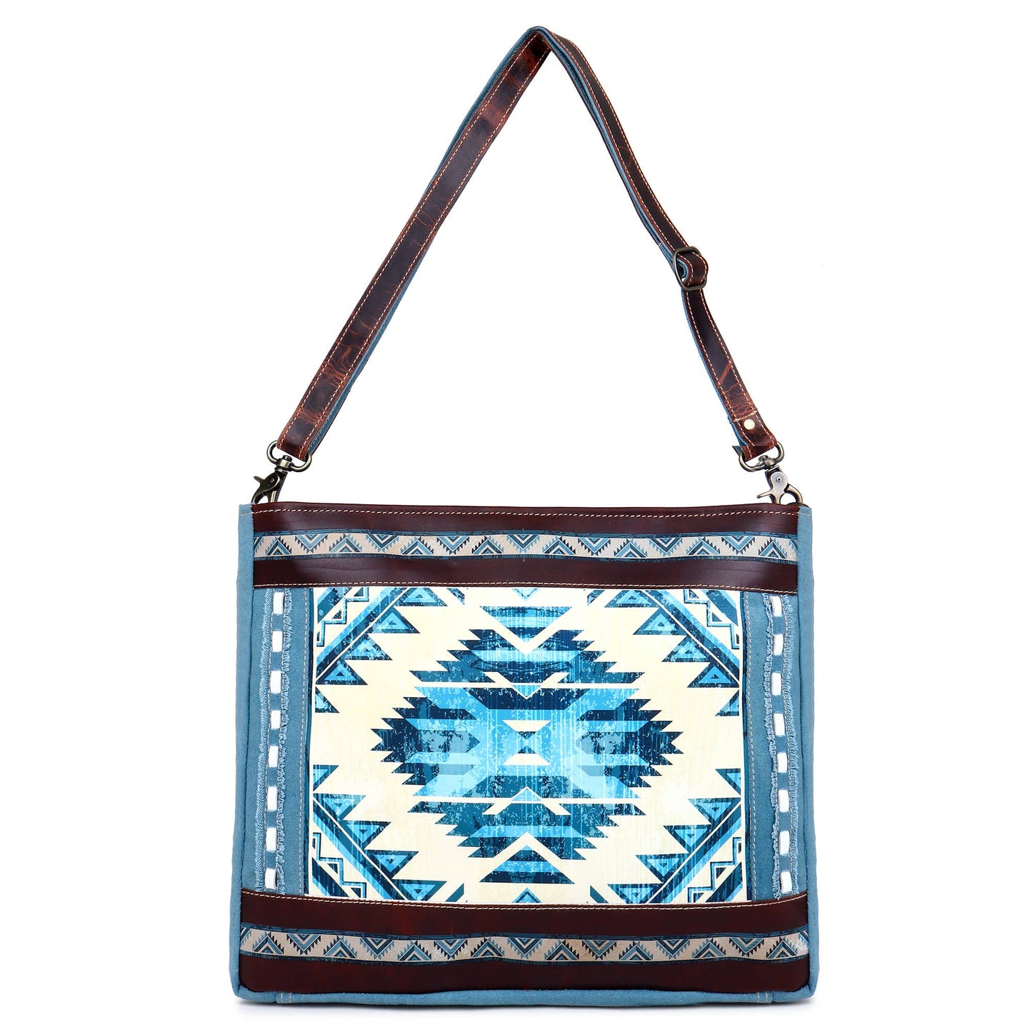 Blue Aztec Up-cycled Canvas & Genuine Leather Purse
