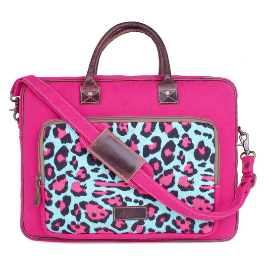 Pink Leopard Up-cycled Canvas & Leather Laptop Bag