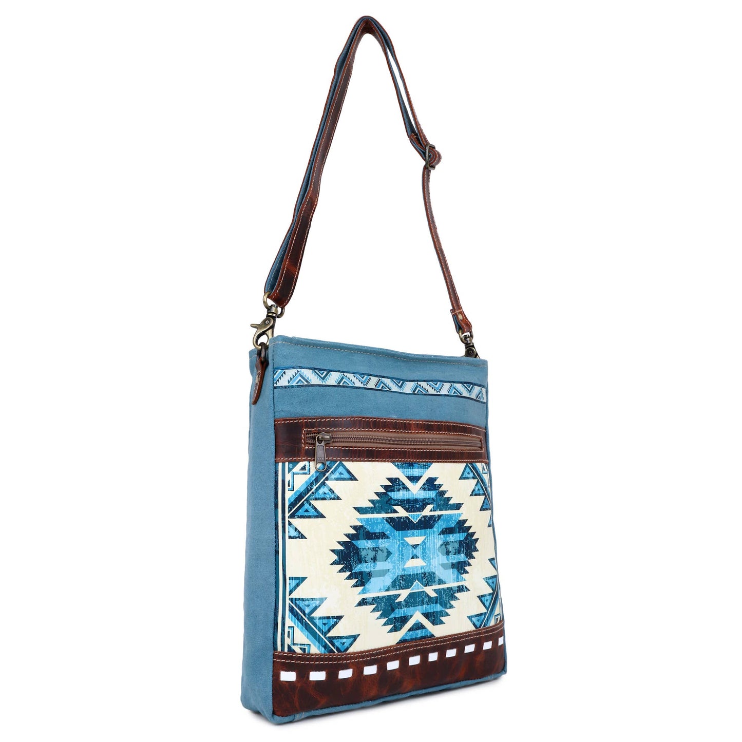 Blue Aztec Up-cycled Canvas & Genuine Leather Shoulder Bag