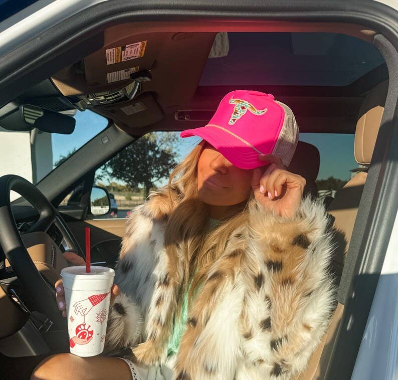 STEER AZTEC HAT Longhorn embroidered cowboy hat western: NEON PINK