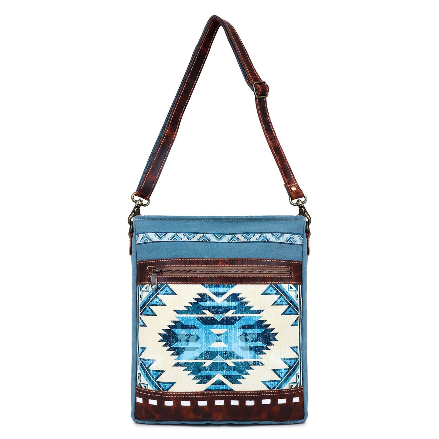 Blue Aztec Up-cycled Canvas & Genuine Leather Shoulder Bag