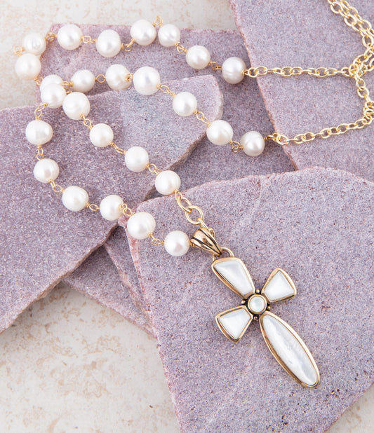 Las Cruces White Pearl Cross Pendant Necklace
